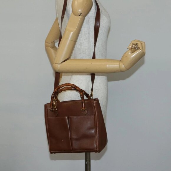 GUCCI Bamboo Hand Bag Leather 2way Brown Gold 000 122 0316 Auth 146003